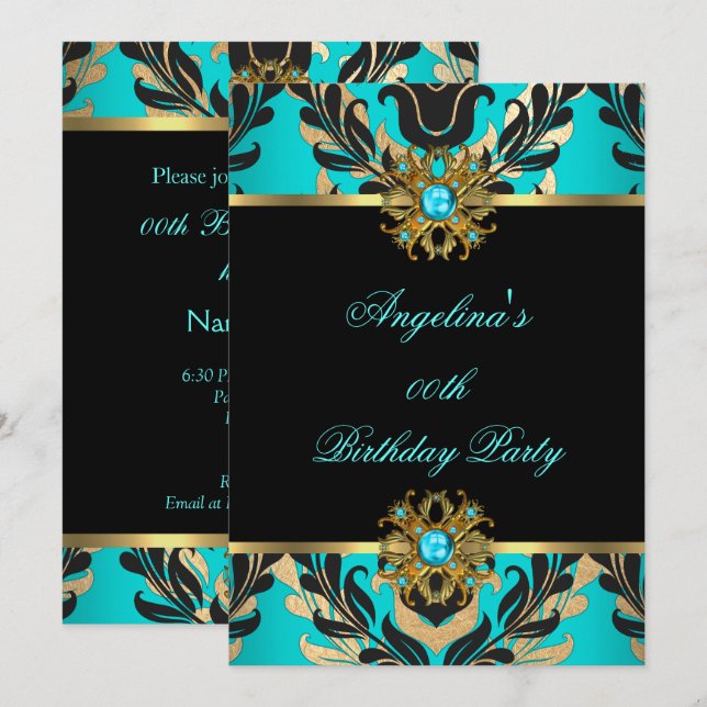 Elegant Damask Teal Blue Gold Black Birthday Party Invitation (Front/Back)