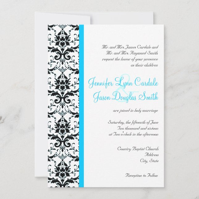 Elegant Damask Teal Blue Stripe Wedding Invitation (Front)