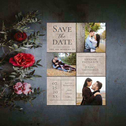 Elegant Damask Three Photo  Beige Save the Date