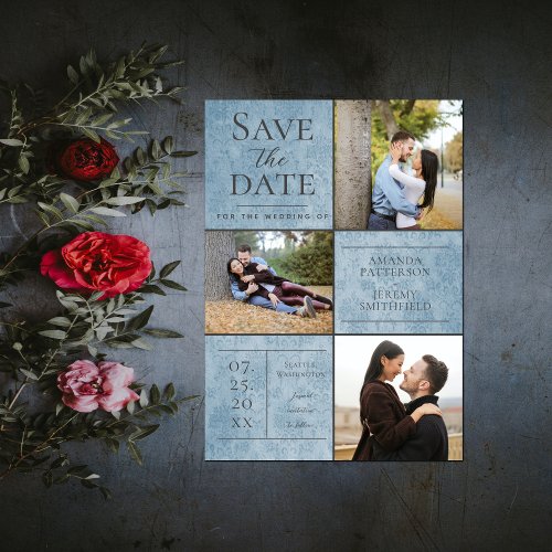 Elegant Damask Three Photo  Blue Save the Date