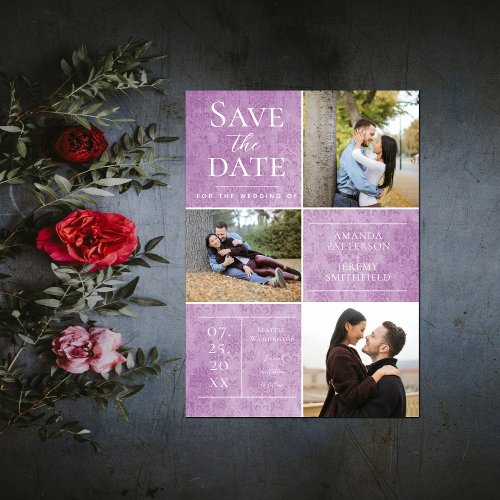 Elegant Damask Three Photo  Magenta Save the Date