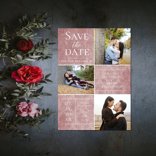 Elegant Damask Three Photo  Pink Save the Date