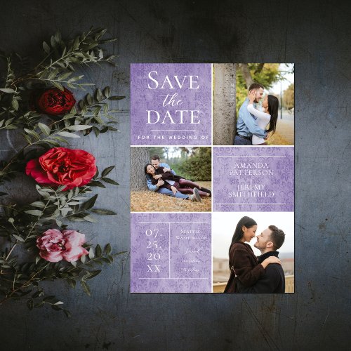 Elegant Damask Three Photo  Purple Save the Date