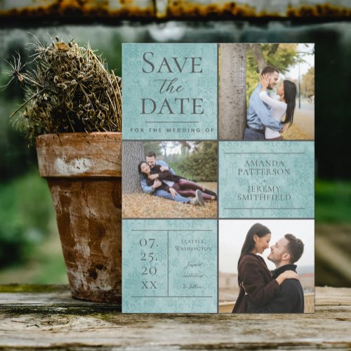 Elegant Damask Three Photo  Teal Save the Date