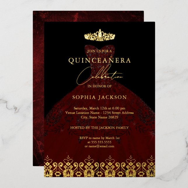 Elegant Damask Tiara Red Gold Quinceanera  Foil Invitation (Front/Back)