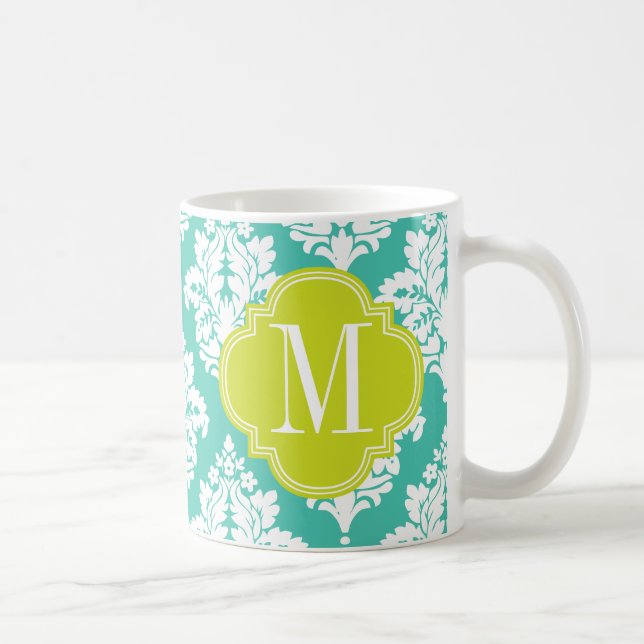 Elegant Damask Turquoise & green Custom Monogramme Coffee Mug (Right)