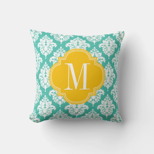Elegant Damask Turquoise & Yellow Custom Monogramm Throw Pillow (Front)