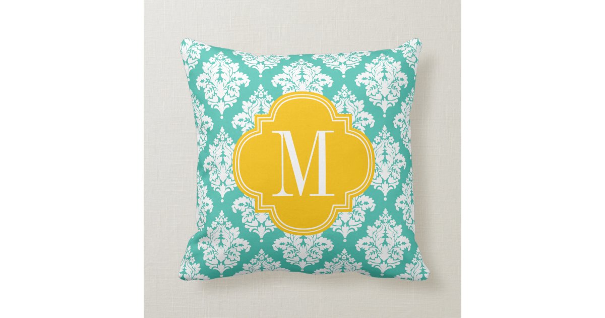Elegant Damask Turquoise & Yellow Custom Monogramm Throw Pillow Zazzle