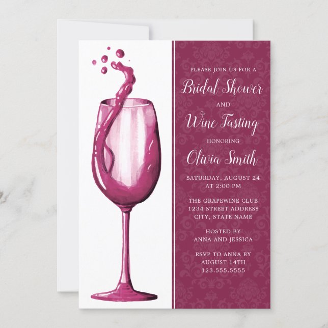 Elegant Damask Watercolor Wine Glass Bridal Shower Invitation (Front)