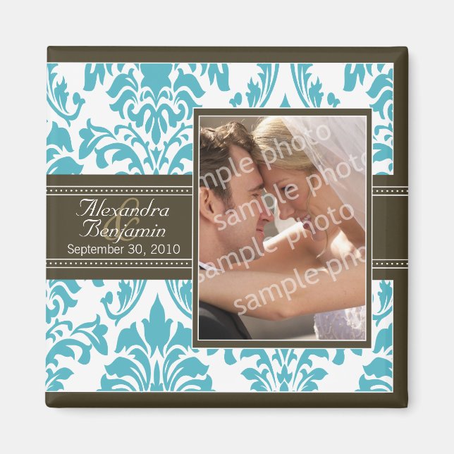 Elegant Damask Wedding Favor Magnet: aqua/brown Magnet (Front)