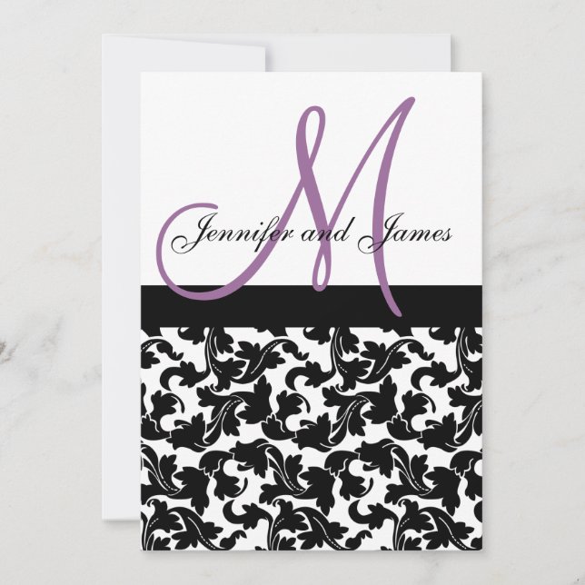 Elegant Damask Wedding Invitation Monogram Purple (Front)
