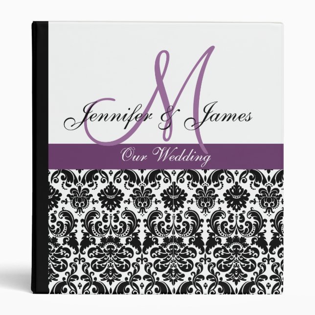 Elegant Damask Wedding Planner Plum Purple 3 Ring Binder (Front)