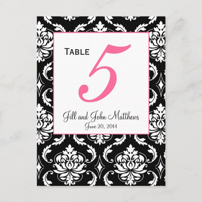 Elegant Damask Wedding Table Number Card (Front)