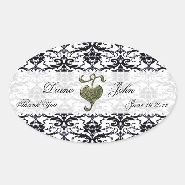 Elegant Damask Wedding Thank You Oval Sticker (Front)