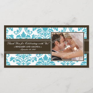 Elegant Damask Wedding Thank You Photocard: aqua Card