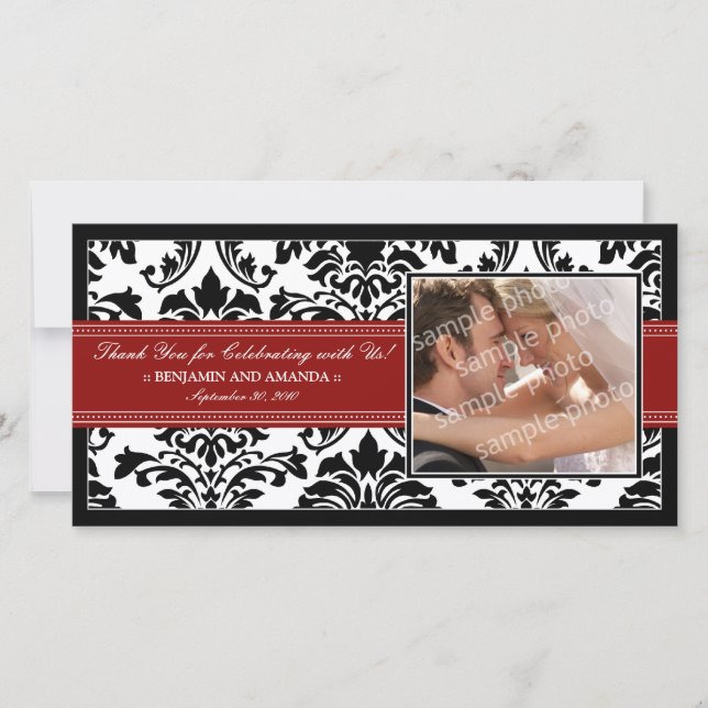 Elegant Damask Wedding Thank You Photocard: red (Front)