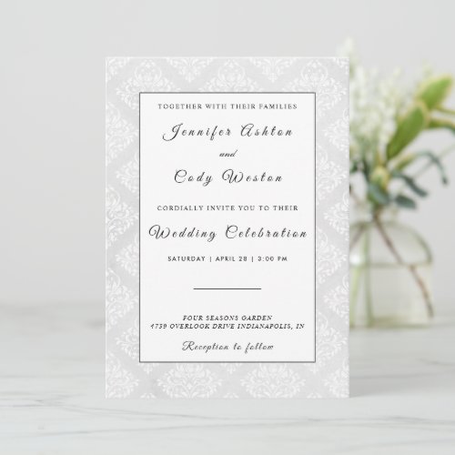 Elegant Damask White Wedding Invitation Card