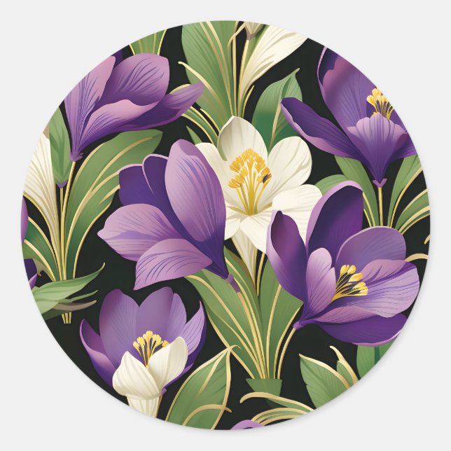 Elegant Damask with Crocus Flowers Classic Round Sticker (Front)