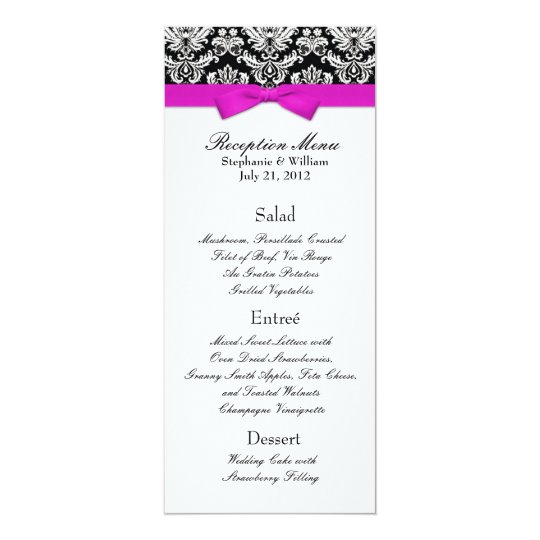 Elegant Damask with Hot Pink Bow Reception Menu Card