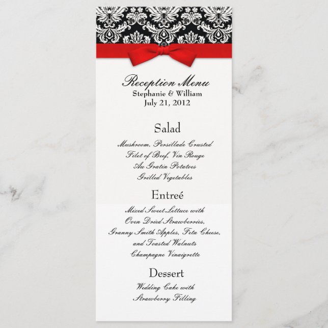 Elegant Damask with Red Bow Reception Menu (Front)