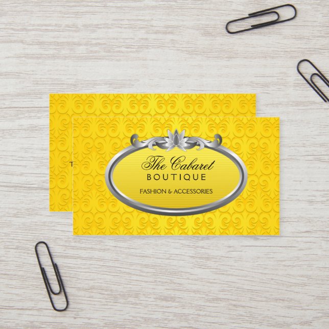Elegant Damask Yellow Shimmer Look Business Card (Front/Back In Situ)