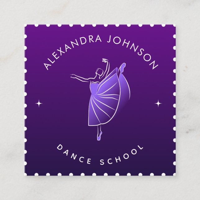 Elegant Dance School Dancer Silhouette Purple Cool Square Business Card (Front)