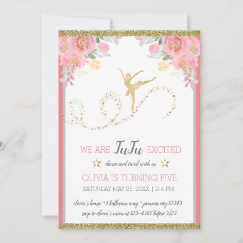 Elegant Dancer  Pink Floral Girl Birthday Party Invitation