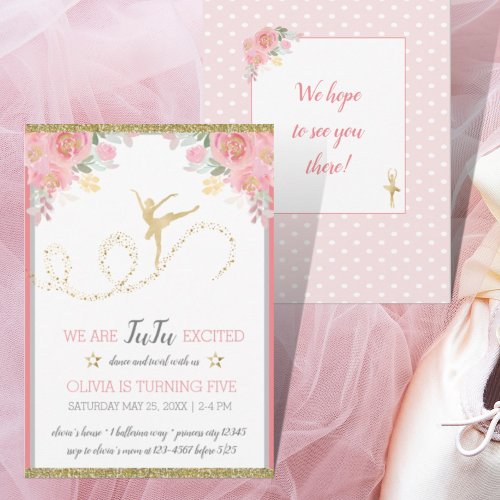 Elegant Dancer  Pink Floral Girl Birthday Party Invitation