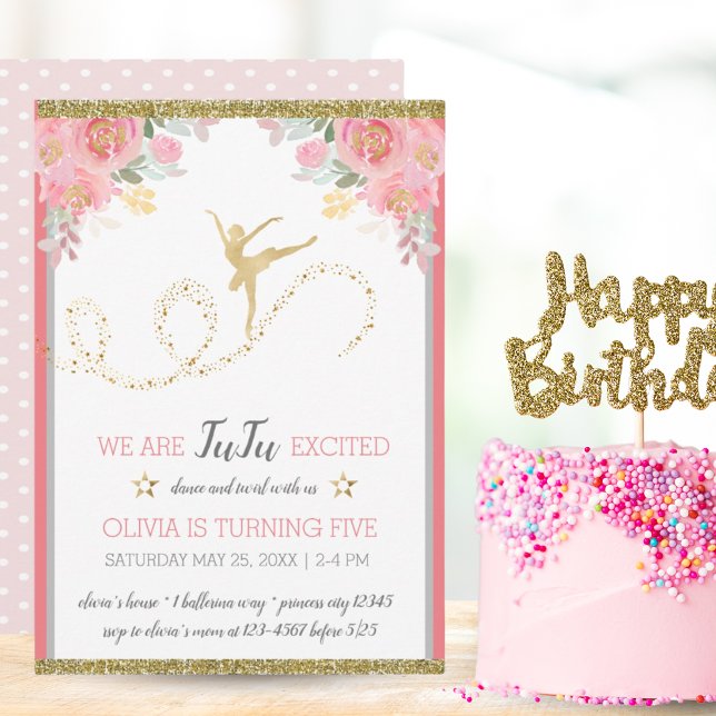 Elegant Dancer | Pink Floral Girl Birthday Party Invitation (Elegant Dancer | Pink Floral Girl Birthday Party Invitation)