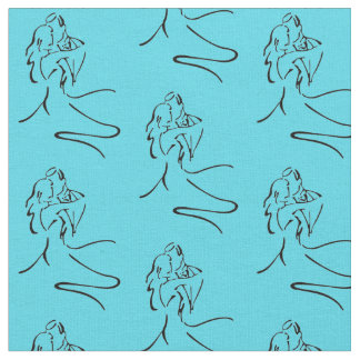 Elegant Dancers Motif on Aqua Blue Fabric