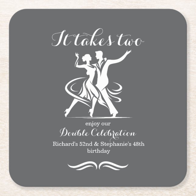 Elegant Dancing Couple Joint Birthday Celebration Square Paper Coaster (Front)