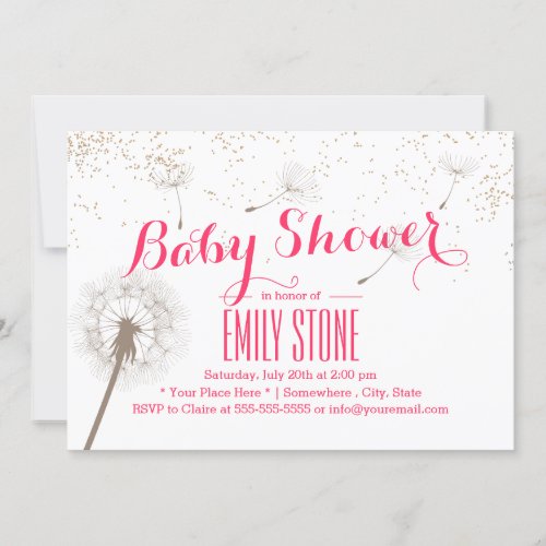 Elegant Dandelion Blowing Pink Baby Shower Personalized Invites