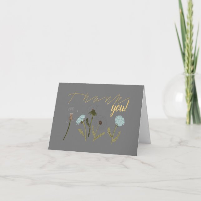 Elegant Dandelion Gray Blue Flowers Thank You Card (Front)