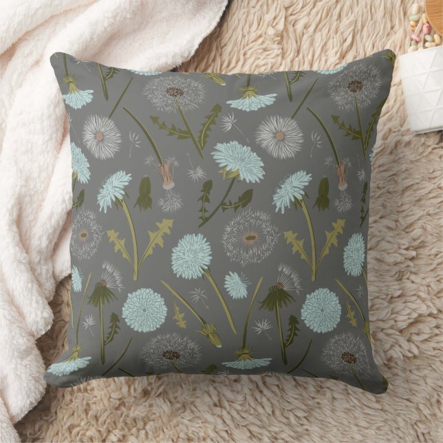 Elegant Dandelion Gray Blue Flowers  Throw Pillow (Blanket)