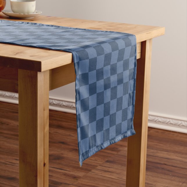 Elegant Dark and Light Blue Checkerboard Pattern Short Table Runner (In Situ)