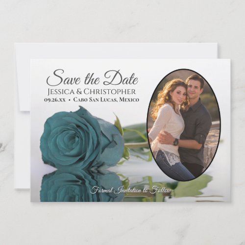 Elegant Dark Aqua Teal Rose Oval Photo Wedding Save The Date