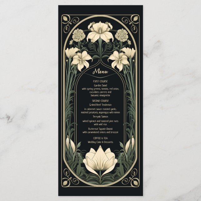 Elegant Dark Art Nouveau Floral Wedding Menu Card (Front)