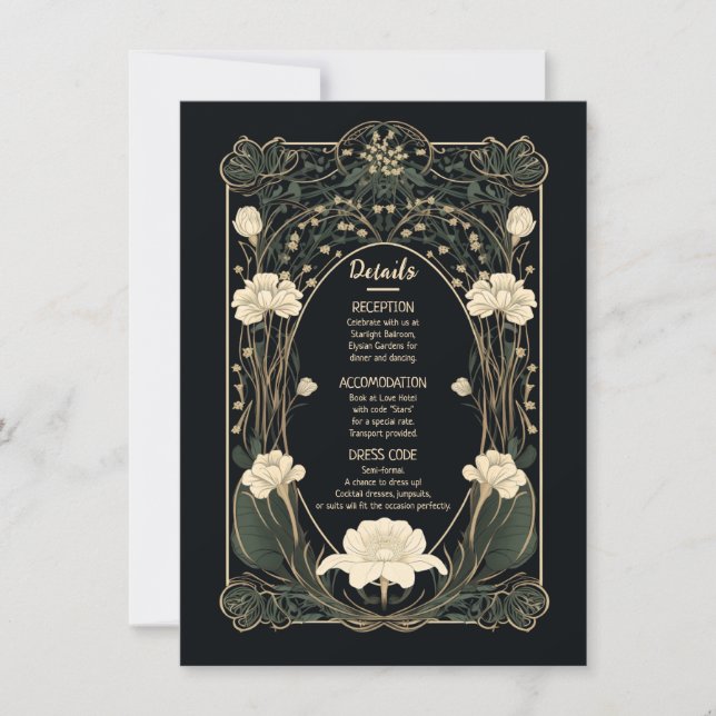 Elegant Dark Art Nouveau Wedding Details Card (Front)