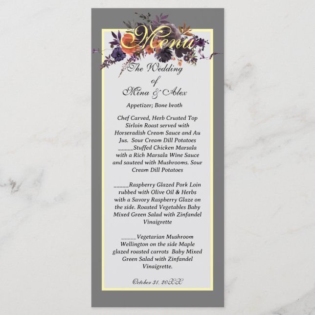 Elegant Dark Autumn Floral Gray  Menu (Front)