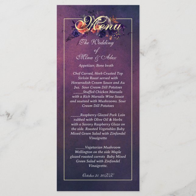 Elegant Dark Autumn Floral Purple Reception  Menu (Front)
