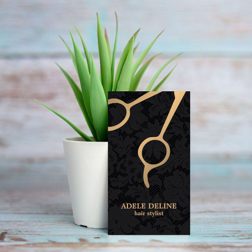Elegant Dark Black Lace Gold Scissor Hair Stylist Business Card