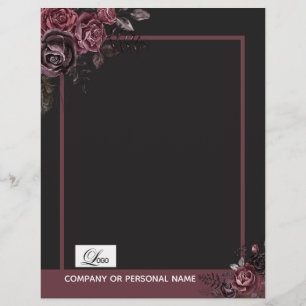 Elegant Dark Black Romantic Rose Floral Design Letterhead