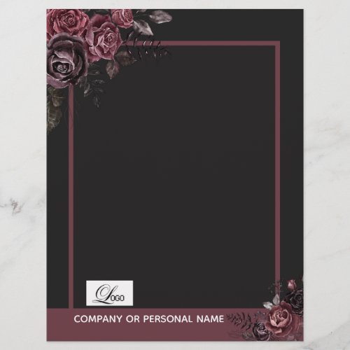 Elegant Dark Black Romantic Rose Floral Design Letterhead