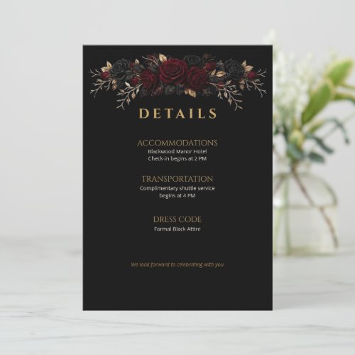 Elegant Dark Black Rose Wedding Details Card
