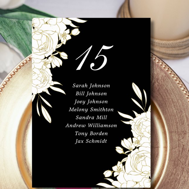 Elegant Dark Black White Gold Roses Guests Wedding Table Number (Creator Uploaded)
