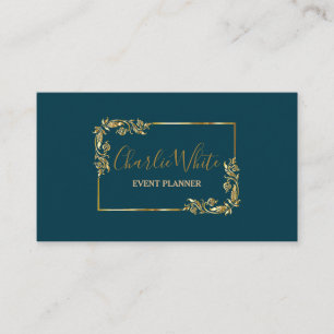 Elegant Dark Bleu And Floral Gold Leaf QR Business Card
