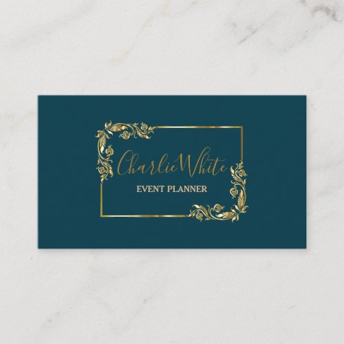 Elegant Dark Bleu And Floral Gold Leaf QR  Business Card