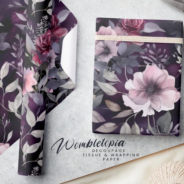 Elegant Dark Blossom Purple & Pink Roses Decoupage Wrapping Paper (Creator Uploaded)