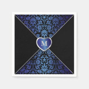 Elegant Dark Blue and Black Damask   Monogram Napkins