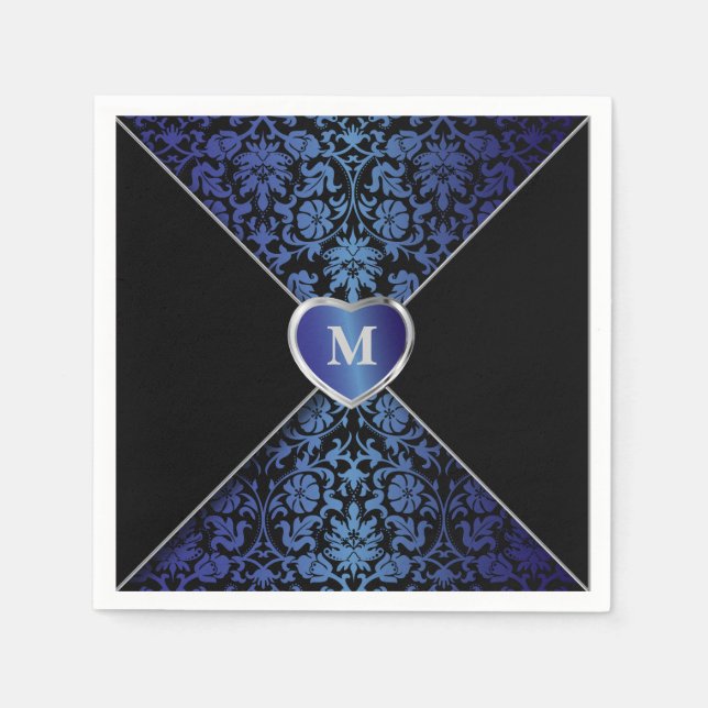 Elegant Dark Blue and Black Damask | Monogram Napkins (Front)